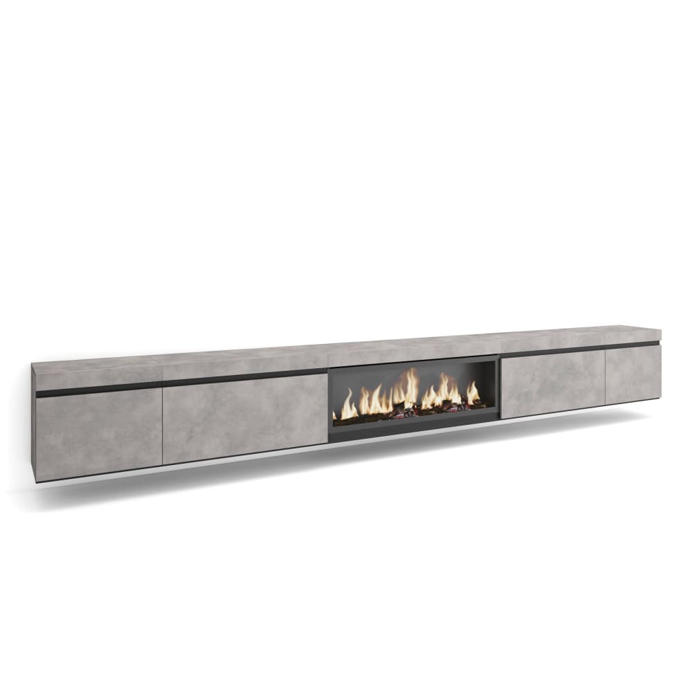 Meuble tv effet bois ciment 368x35x45cm cheminée effet feu XXL