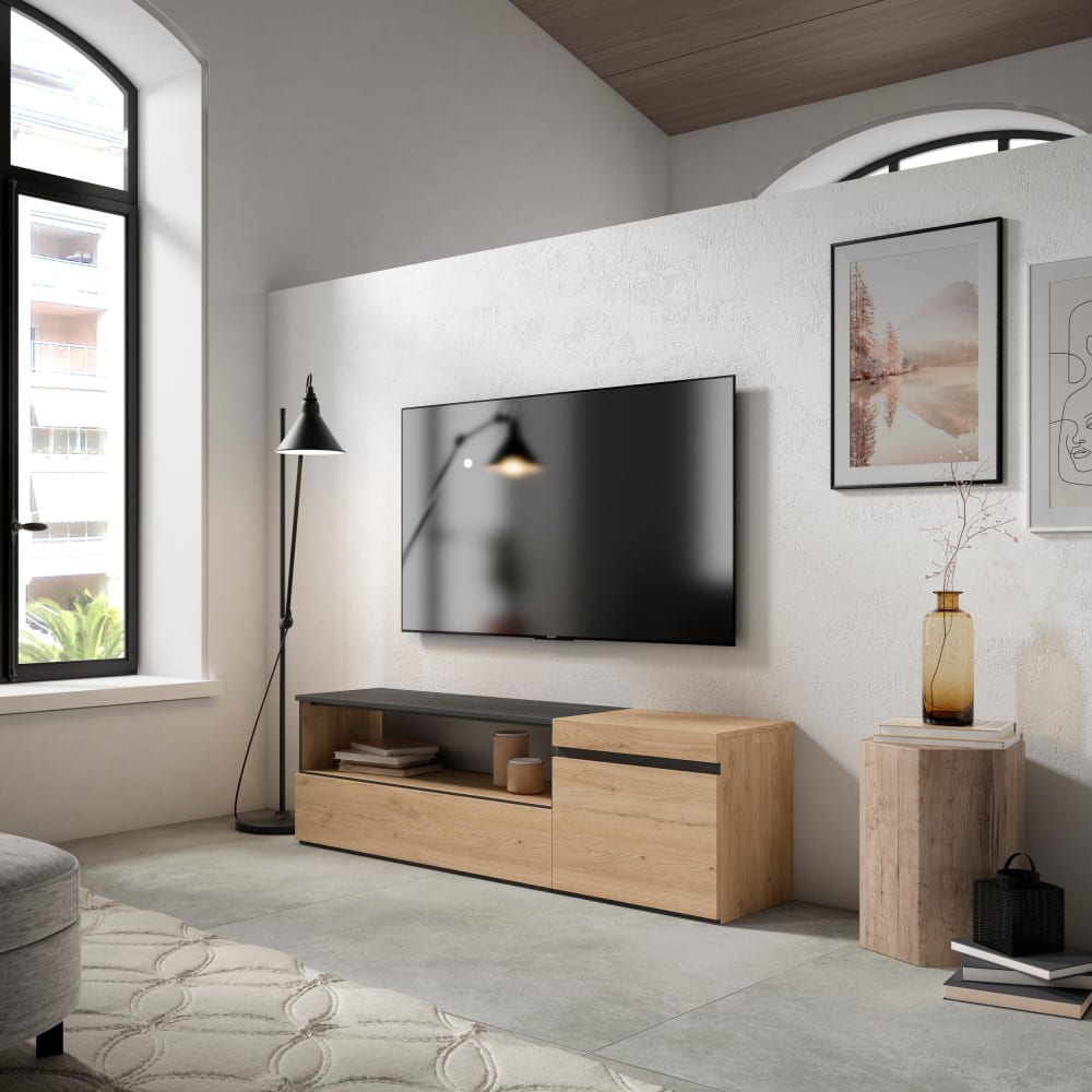 Skraut home TV-Möbel Holzeffekt 150x35x45cm Eiche und Schwarz style modern Beige Spanplatte