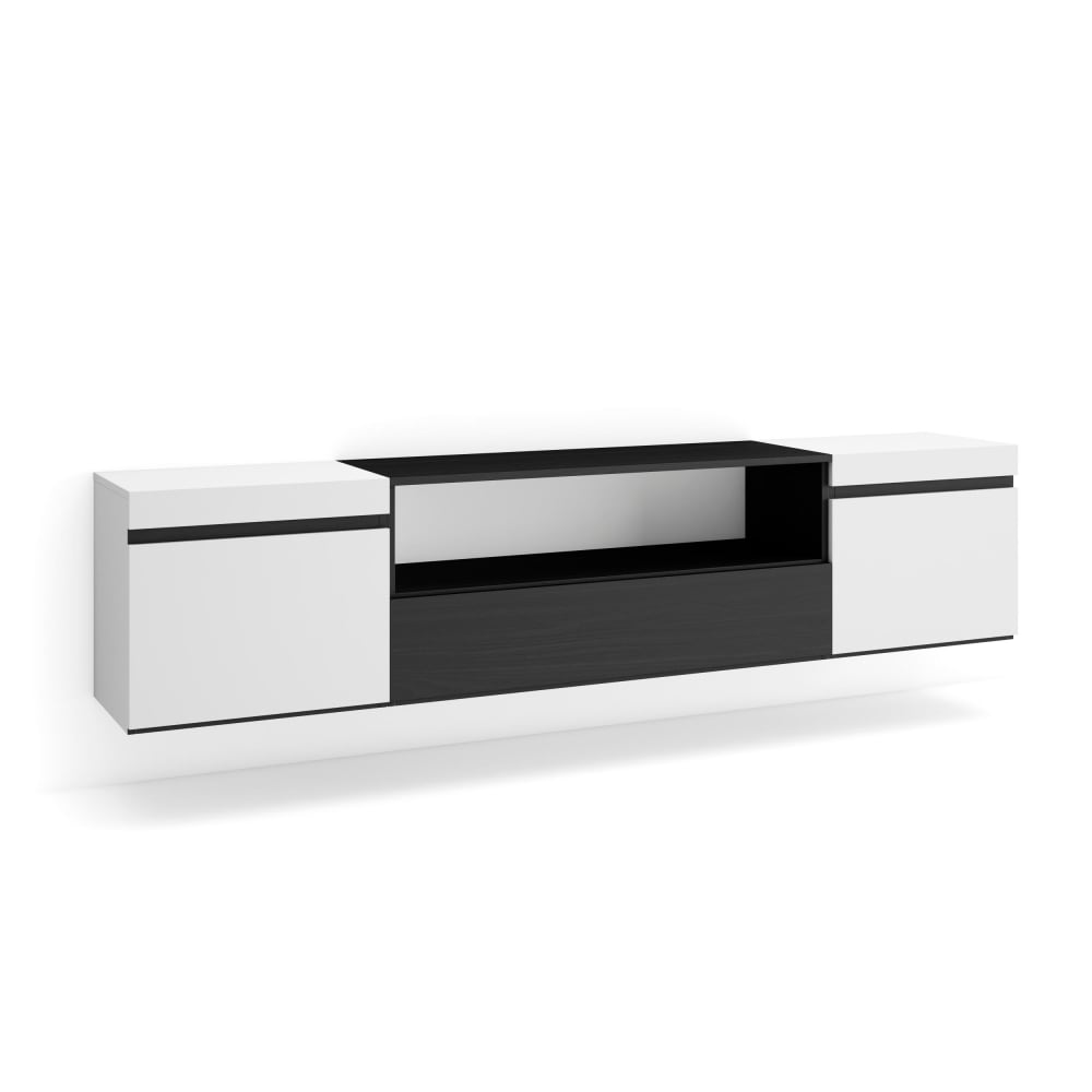 Meuble tv effet bois blanc et noir 200x35x45cm suspendu