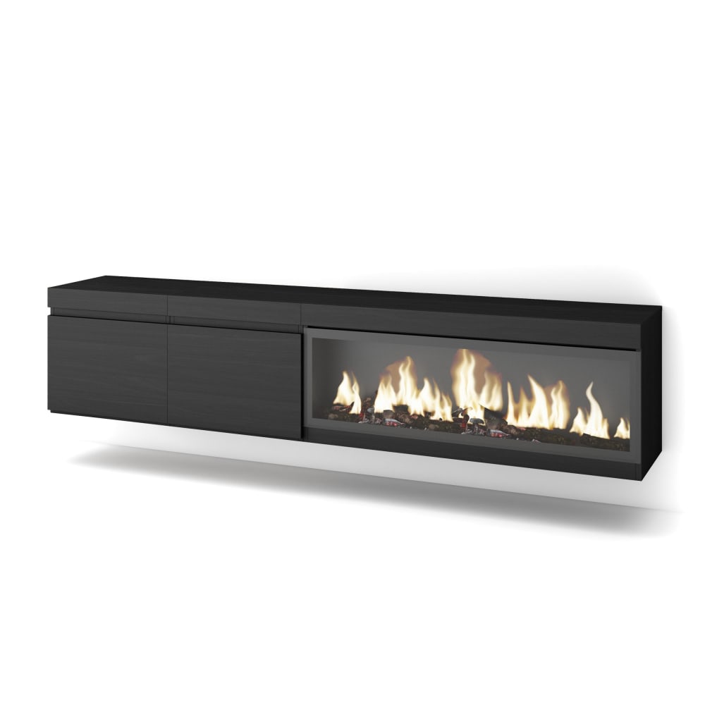 Meuble tv effet bois noir 208x35x45cm cheminée effet feu XXL