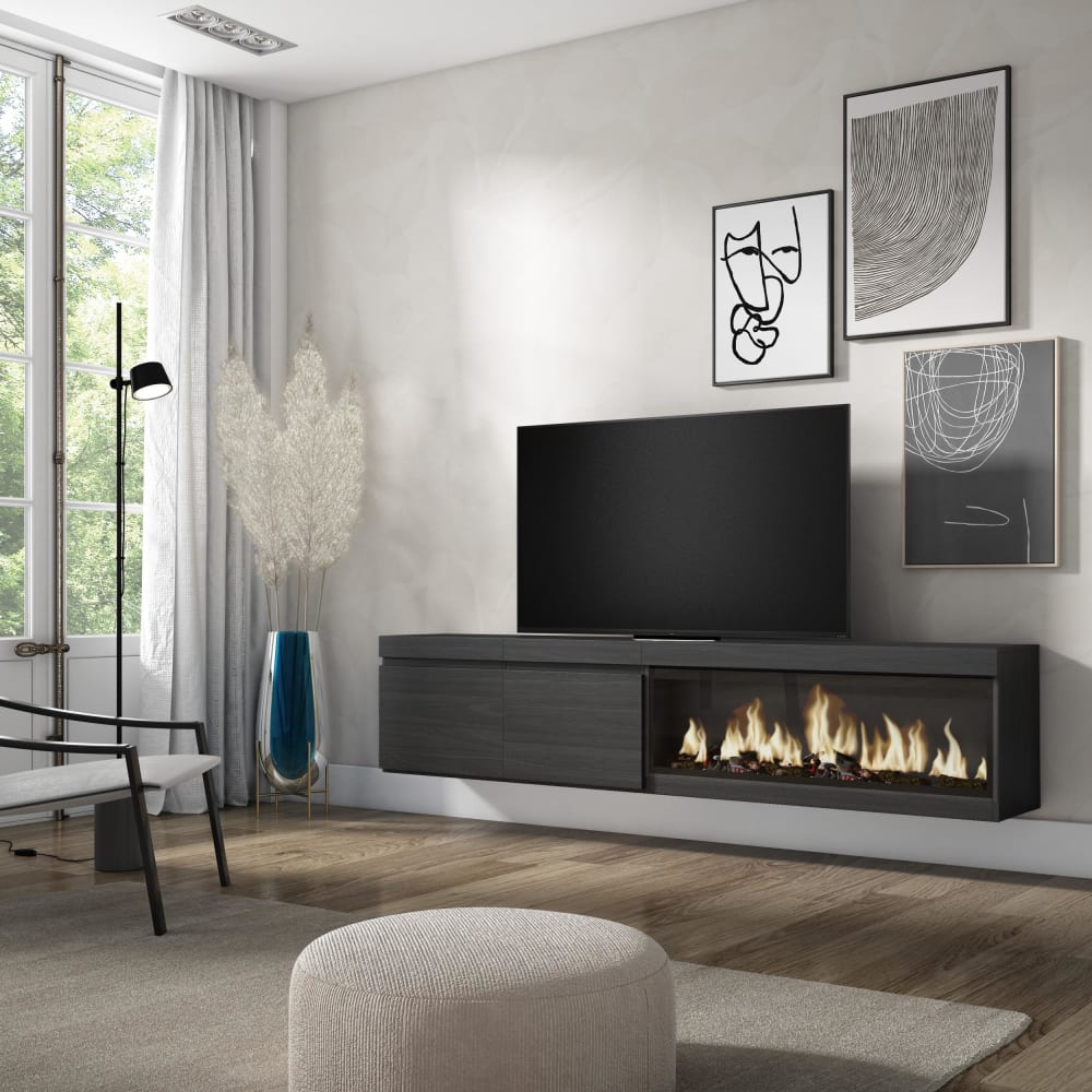 mueble tv efecto madera negro 208x35x45cm chimenea efecto fuego