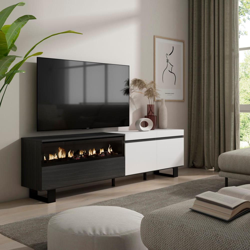 TV-Möbel Holzeffekt Kamin mit Feuereffekt 200x35x57cm Weiß und