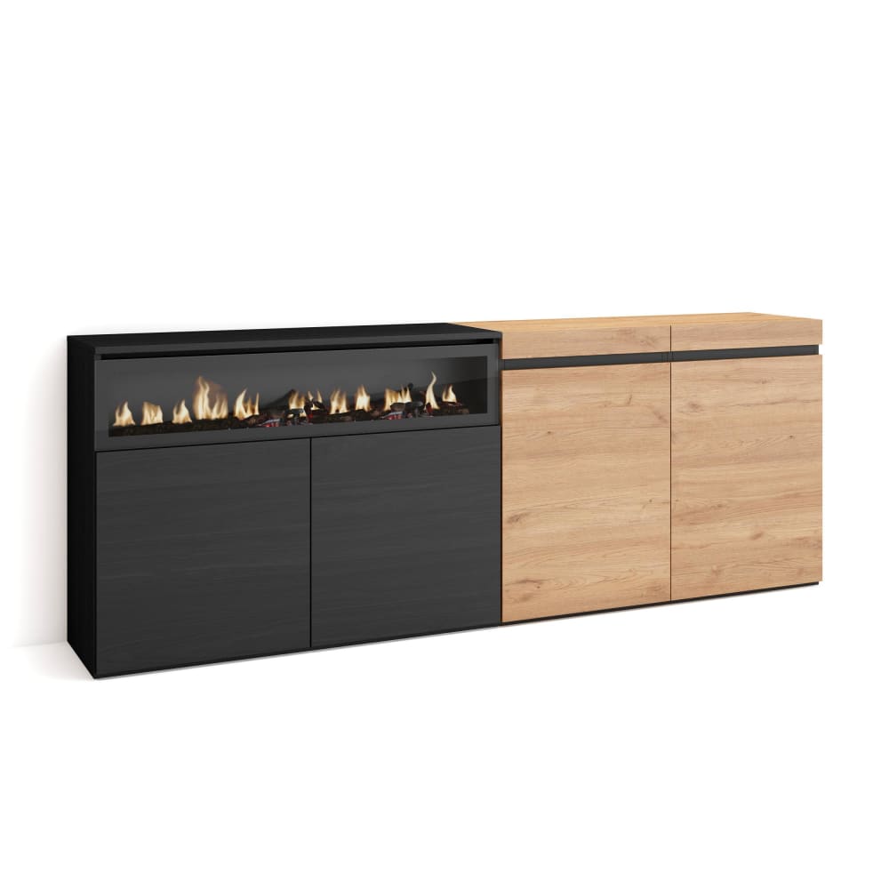 Buffet effet bois chêne et noir 200x35x75cm cheminée effet feu
