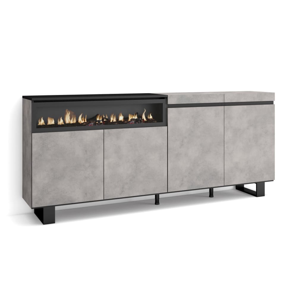 Sideboard Holzeffekt Kamin mit Feuereffekt 200x35x87cm Zementgrau