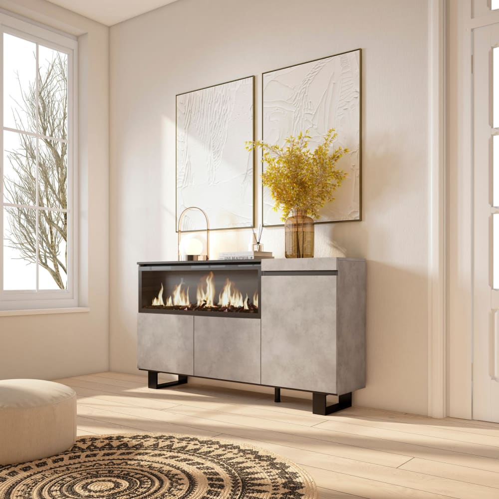 Skraut home Sideboard Holzeffekt Kamin mit Feuereffekt XXL 158x35x87cm Zementgrau style modern - Spanplatte