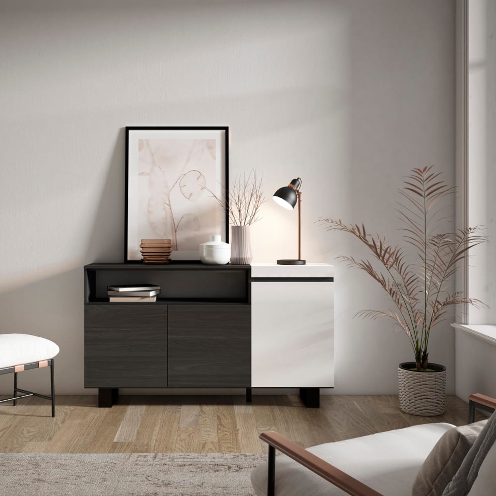 Skraut home Sideboard Holzeffekt mit Beinen 150x35x87 Weiß und Schwarz style modern Weiß Spanplatte