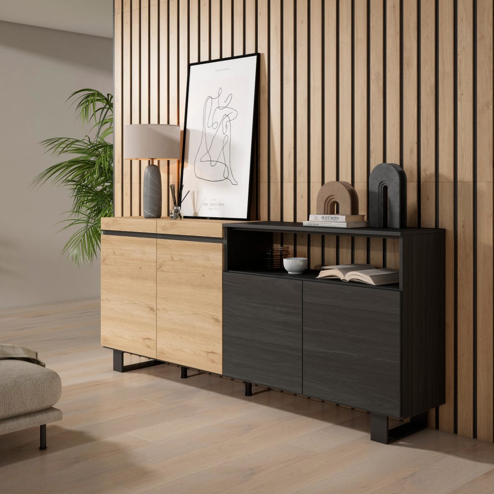 Skraut home Sideboard Holzeffekt mit Beinen 200x35x87cm Eiche und Schwarz style modern Beige Spanplatte