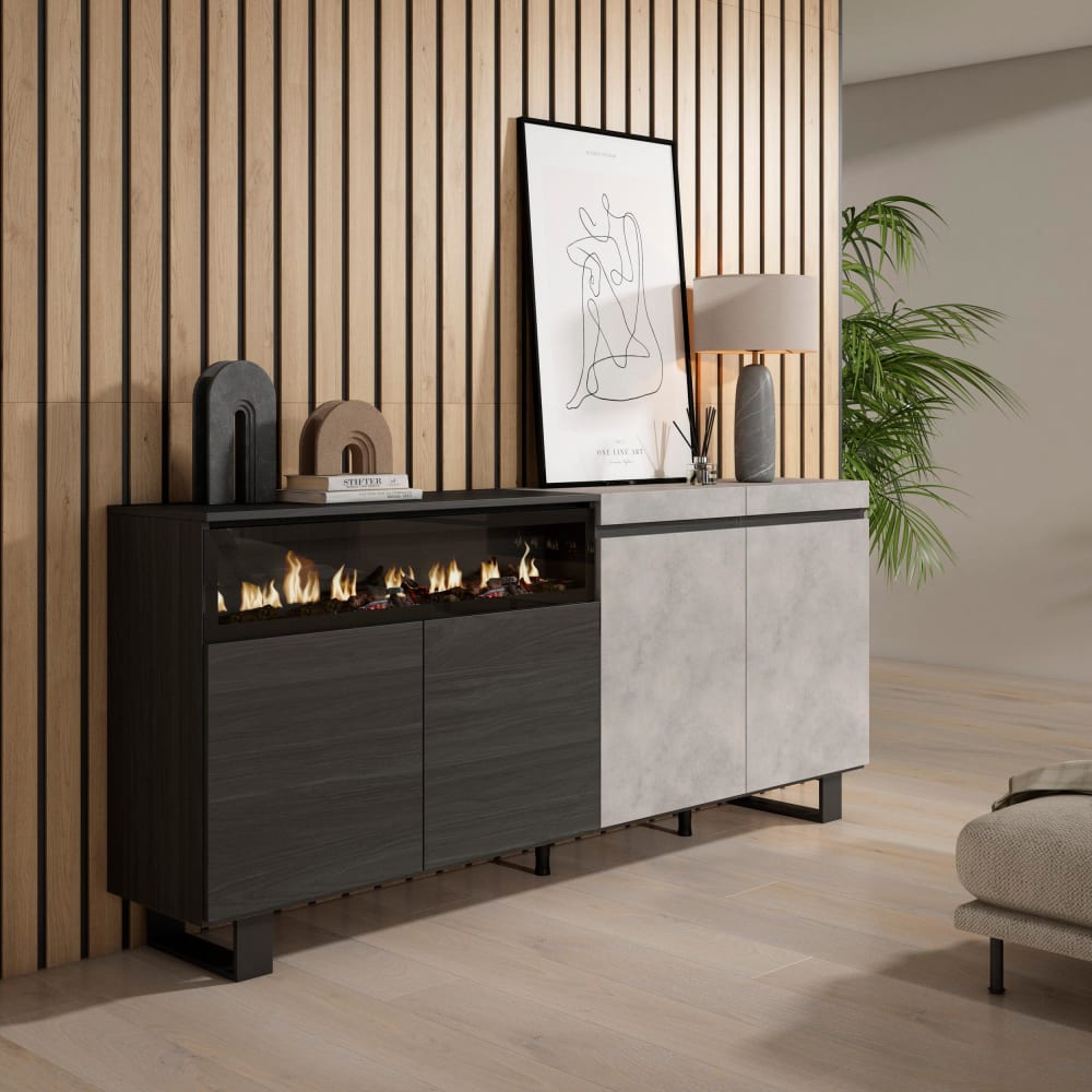Skraut home Sideboard Holzeffekt Kamin mit Feuereffekt 200x35x87cm Zementgrau style modern - Spanplatte