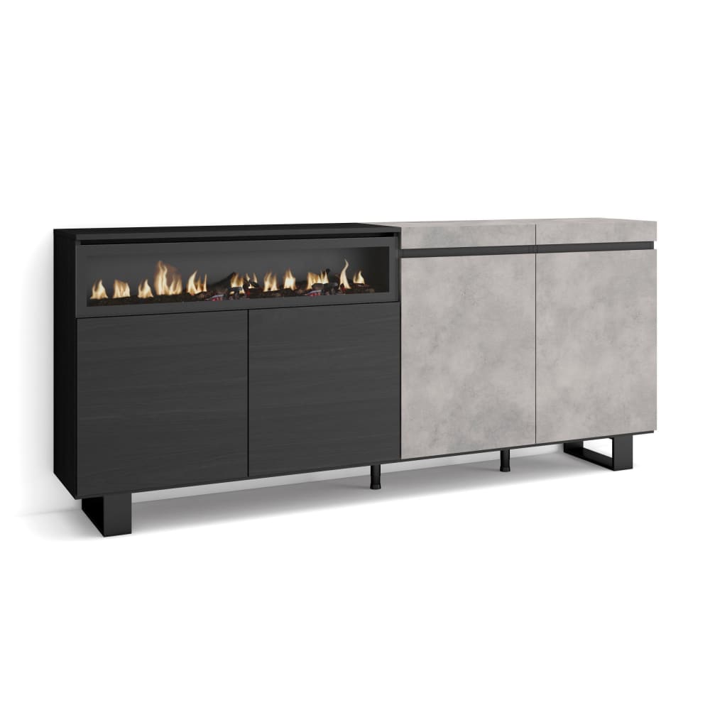 Sideboard Holzeffekt Kamin mit Feuereffekt 200x35x87cm Zementgrau
