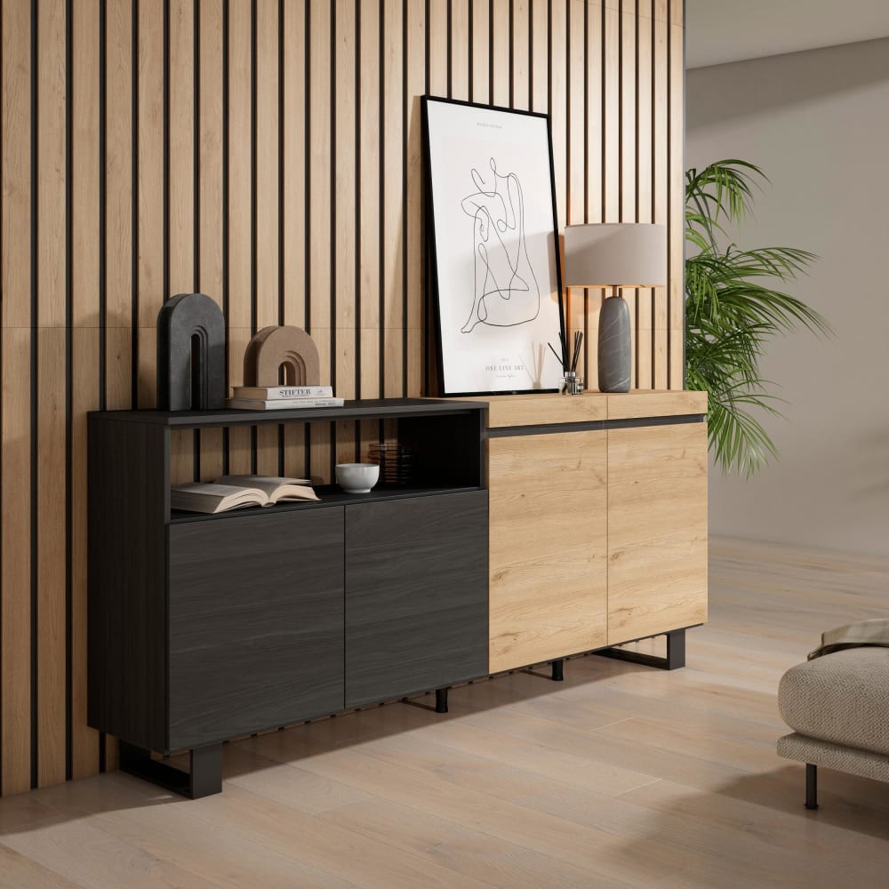 Skraut home Sideboard Holzeffekt mit Beinen 200x35x87cm Eiche und Schwarz style modern Beige Spanplatte