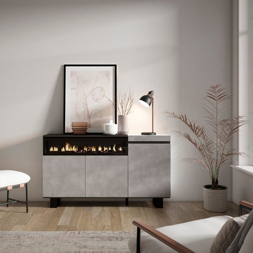 Buffet effet bois ciment 150x35x87cm cheminée effet feu