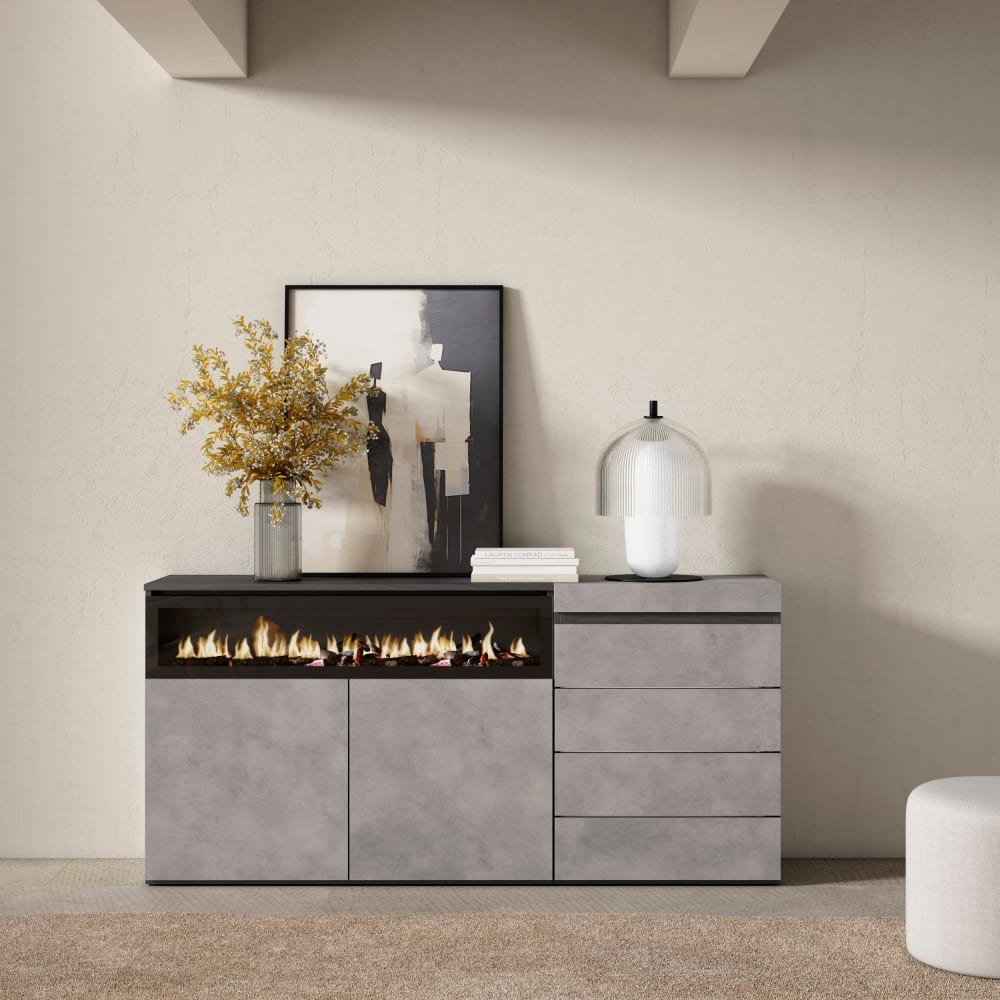 Skraut home Sideboard Holzeffekt Kamin mit Feuereffekt 157x35x75cm Zementgrau style modern - Spanplatte