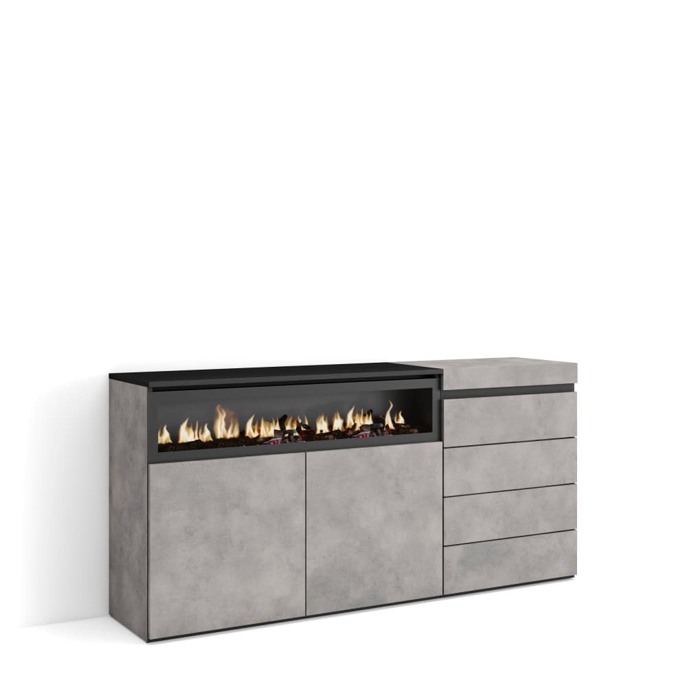 Sideboard Holzeffekt Kamin mit Feuereffekt 157x35x75cm Zementgrau