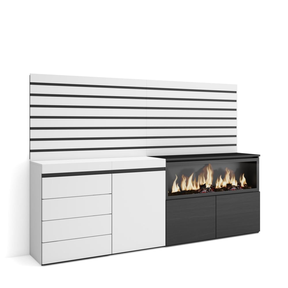 Buffet effet bois blanc 214x35x145cm cheminée effet feu XXL