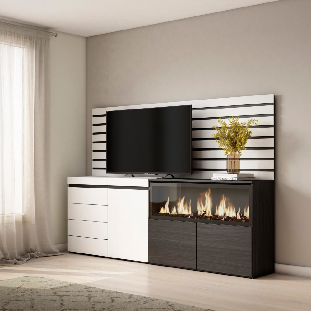 Skraut home Sideboard Holzeffekt Kamin mit Feuereffekt XXL 214x35x145cm Weiß style modern Weiß Spanplatte