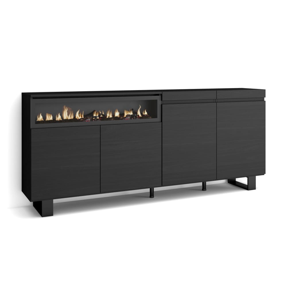 Buffet effet bois noir 200x35x87cm cheminée effet feu