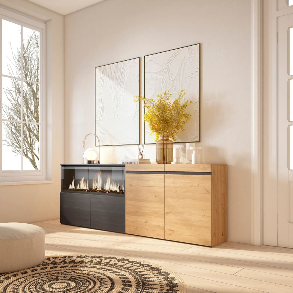 Skraut home Sideboard Holzeffekt Kamin mit Feuereffekt 208x35x75 Eiche und Schwarz style modern Beige Spanplatte