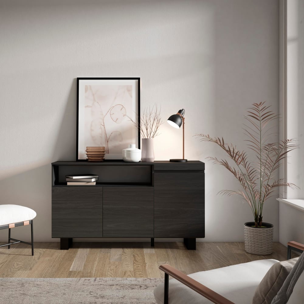 Skraut home Sideboard Holzeffekt mit Beinen 150x35x87cm Schwarz style modern Schwarz Spanplatte