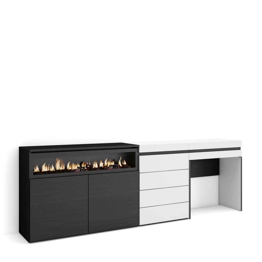 Buffet effet bois blanc 227x35x75cm cheminée effet feu