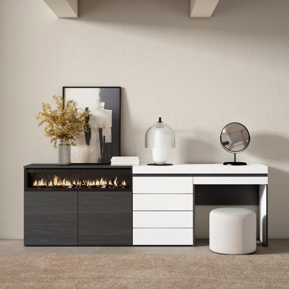 Skraut home Sideboard Holzeffekt Kamin mit Feuereffekt 227x35x75cm Weiß style modern Weiß Spanplatte