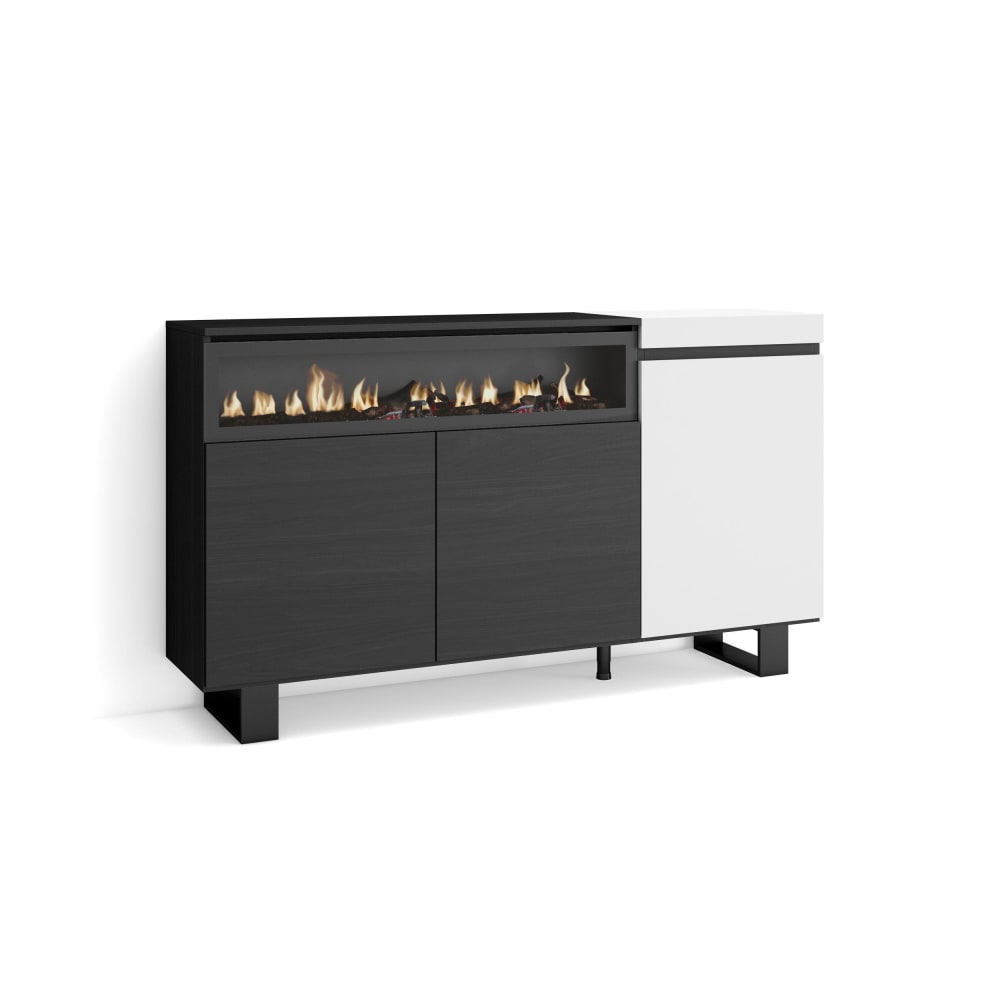 Buffet effet bois blanc et noir 150x35x87cm cheminée effet feu