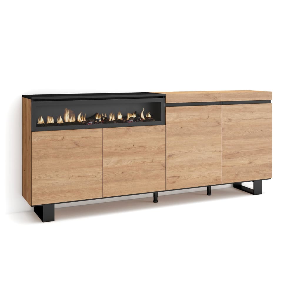 Buffet effet bois chêne et noir 200x35x87cm cheminée effet feu