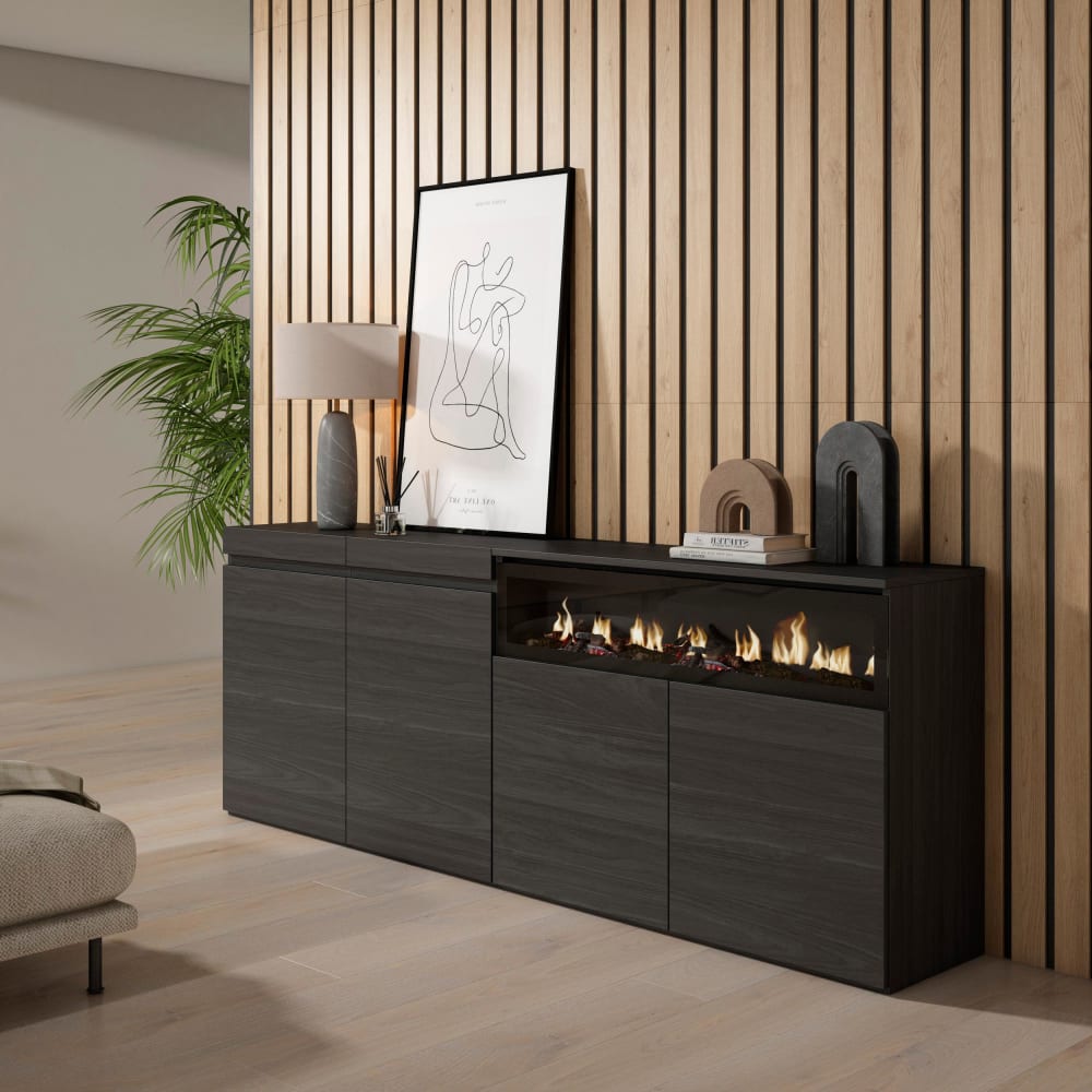 Skraut home Sideboard Holzeffekt Kamin mit Feuereffekt 200x35x75cm Schwarz style modern Schwarz Spanplatte
