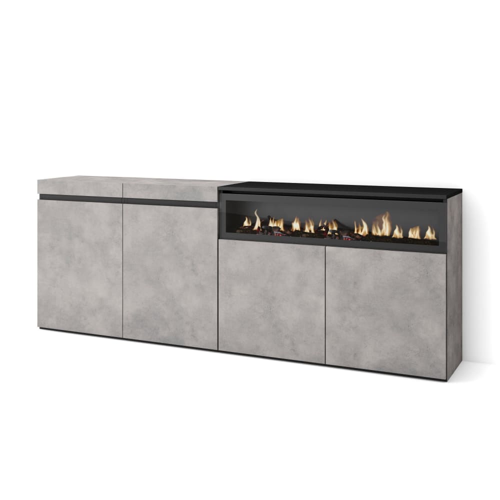 Sideboard Holzeffekt Kamin mit Feuereffekt 200x35x75cm Zementgrau