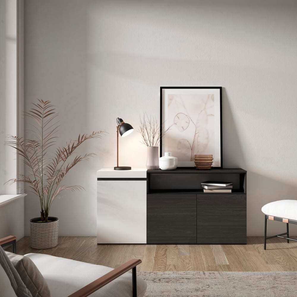 Skraut home Sideboard Holzeffekt 150x35x75cm Weiß und Schwarz style modern Weiß Spanplatte