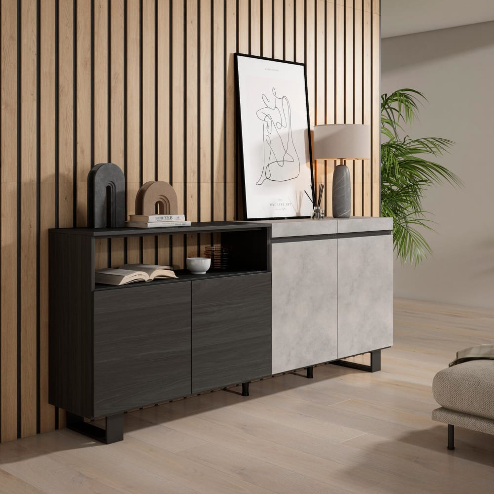 Skraut home Sideboard Holzeffekt mit Beinen 200x35x87cm Zementgrau style modern - Spanplatte