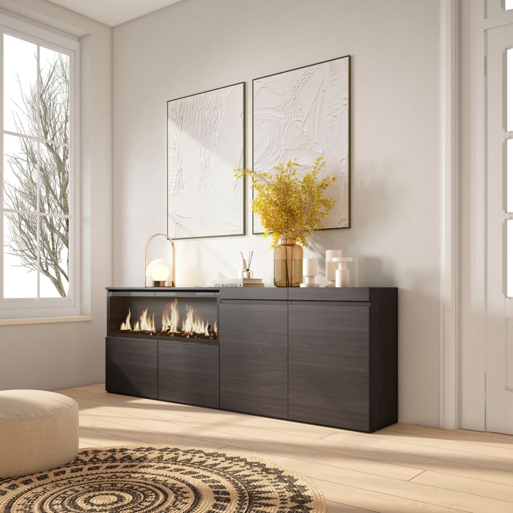 Skraut home Sideboard Holzeffekt Kamin mit Feuereffekt XXL 208x35x75cm Schwarz style modern Schwarz Spanplatte