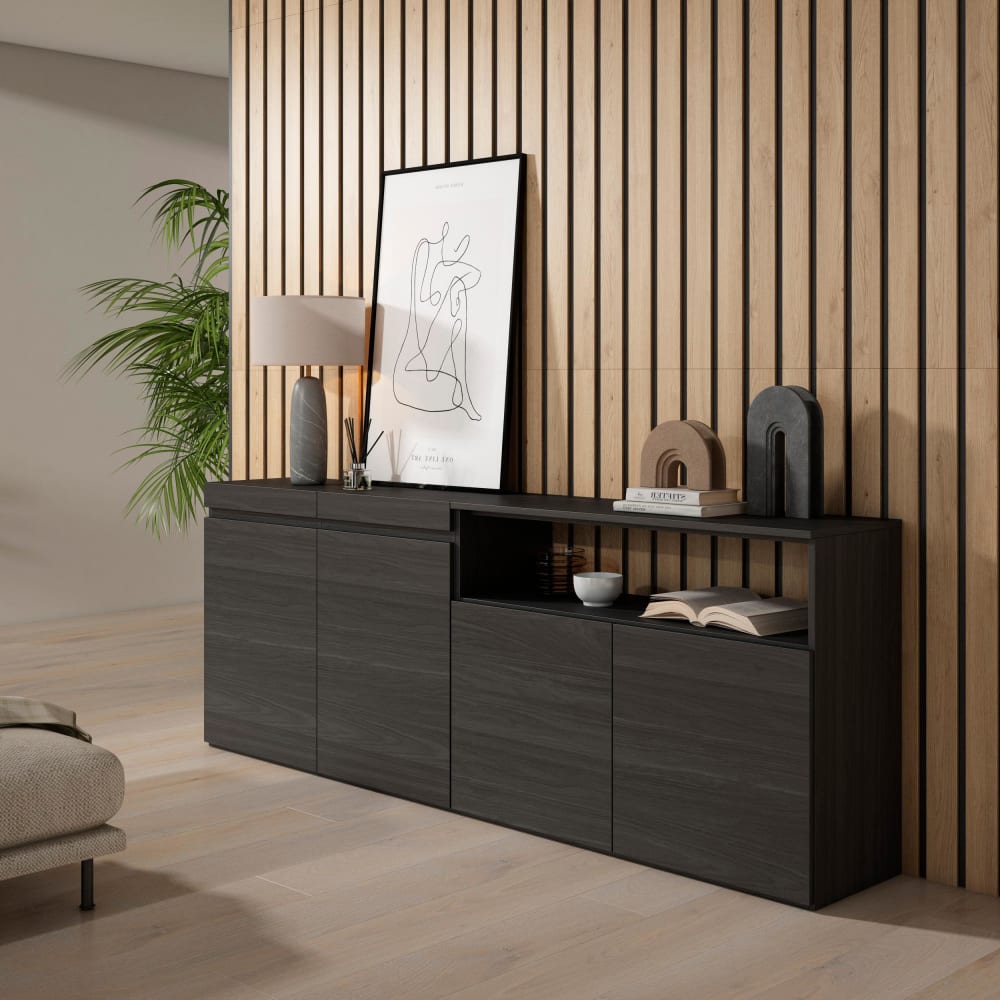 Skraut home Sideboard Holzeffekt 200x35x75cm Schwarz style modern Schwarz Spanplatte