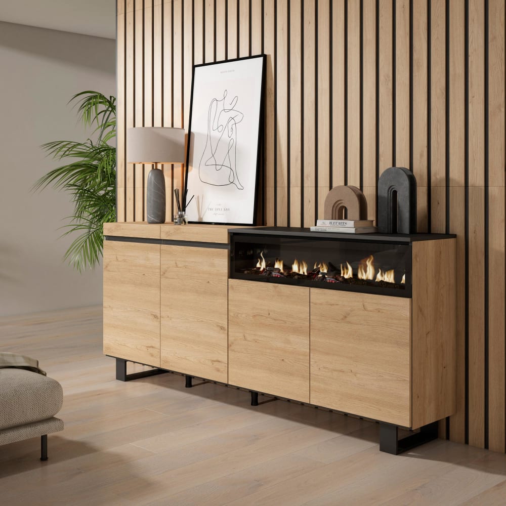 Skraut home Sideboard Holzeffekt Kamin mit Feuereffekt 200x35x87 Eiche und Schwarz style modern Beige Spanplatte
