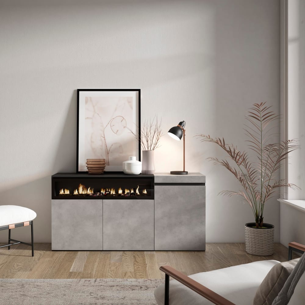 Skraut home Sideboard Holzeffekt Kamin mit Feuereffekt 150x35x75cm Zementgrau style modern - Spanplatte