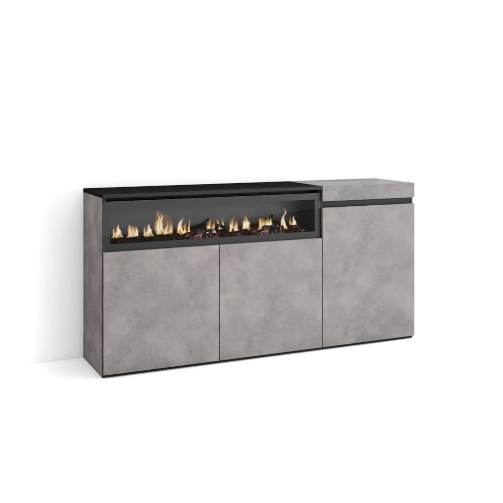 Sideboard Holzeffekt Kamin mit Feuereffekt 150x35x75cm Zementgrau