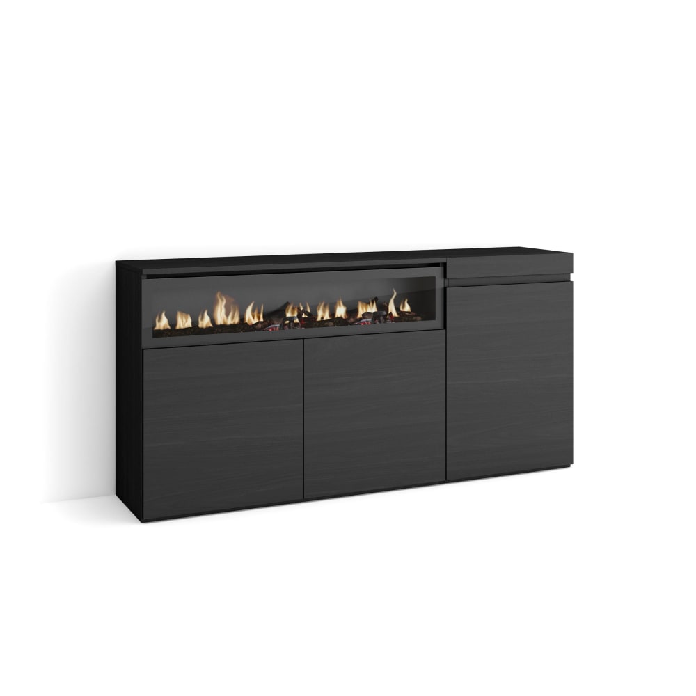 Buffet effet bois noir 150x35x75cm cheminée effet feu