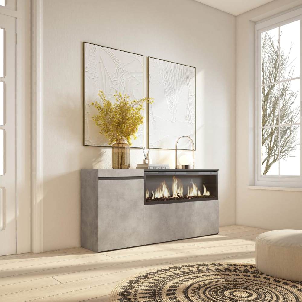 Skraut home Sideboard Holzeffekt Kamin mit Feuereffekt XXL 158x35x75cm Zementgrau style modern - Spanplatte