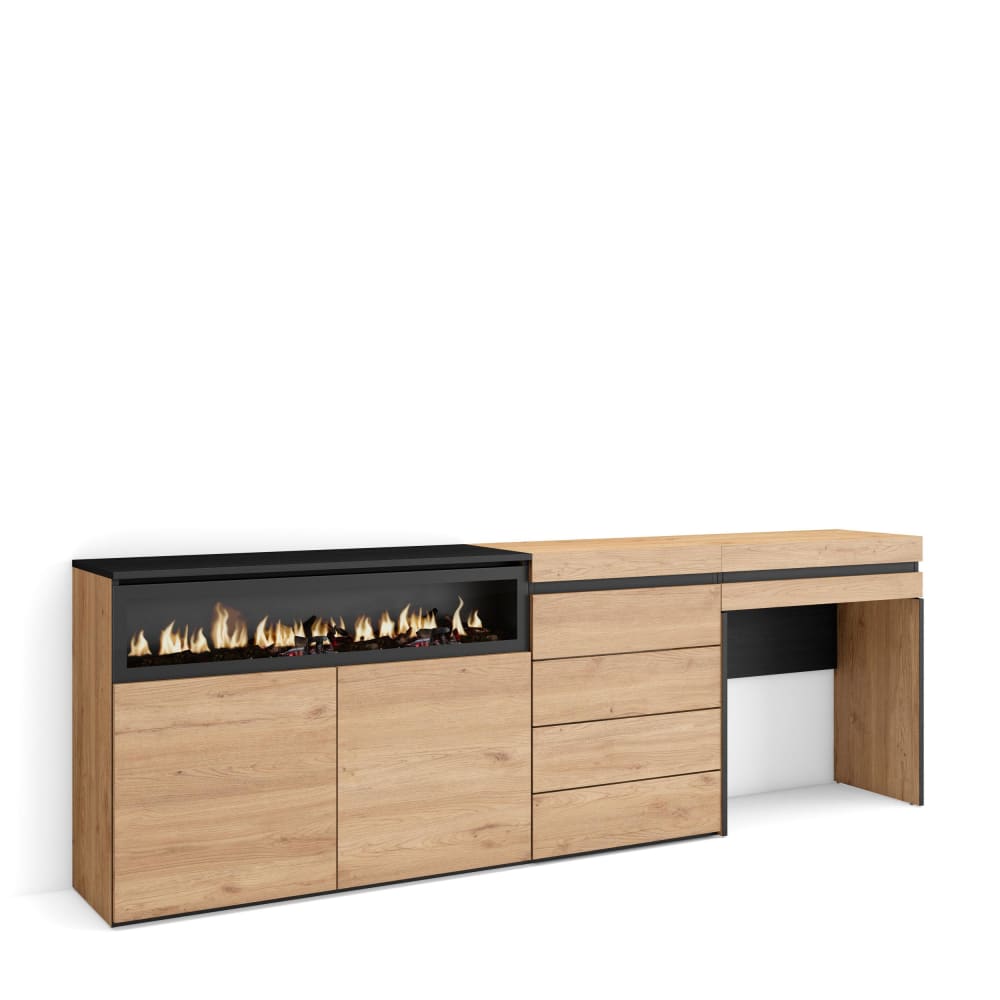 Buffet effet bois chêne 227x35x75cm cheminée effet feu
