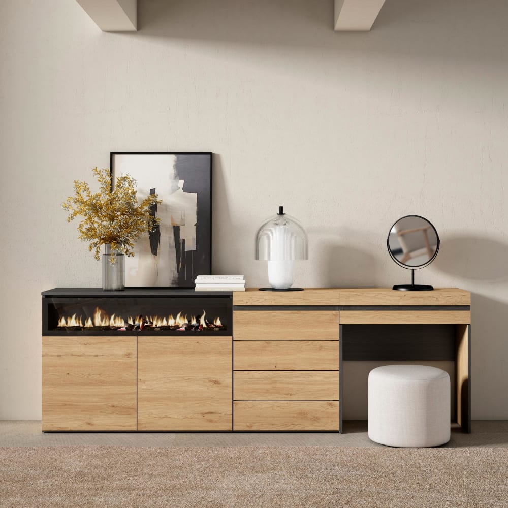 Skraut home Sideboard Holzeffekt Kamin mit Feuereffekt 227x35x75cm Eiche style modern Beige Spanplatte