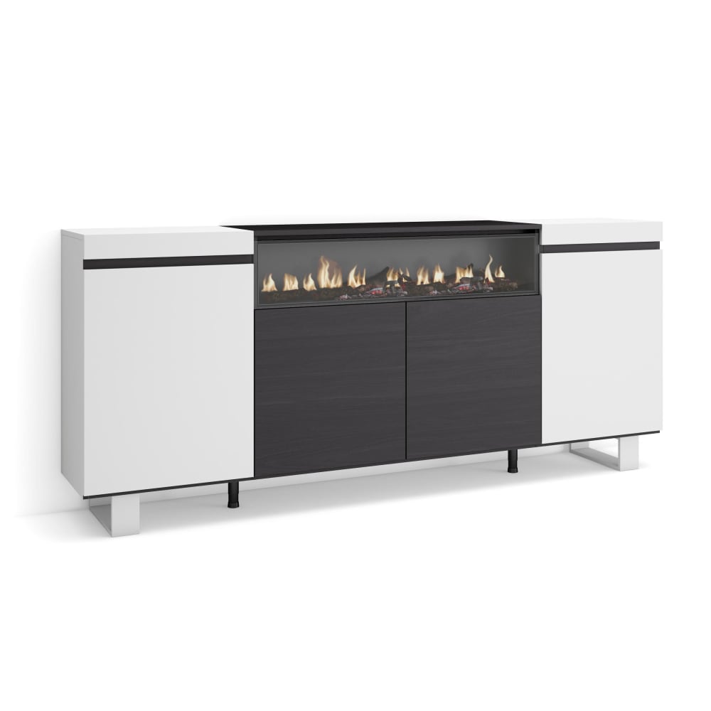 Buffet effet bois blanc et noir 200x35x87cm cheminée effet feu