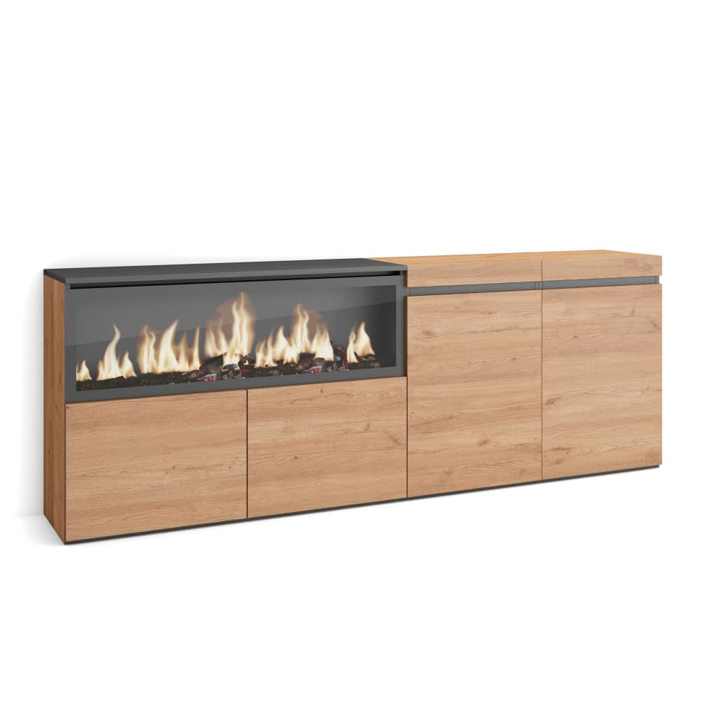 Buffet effet bois chêne 208x35x75cm cheminée effet feu XXL