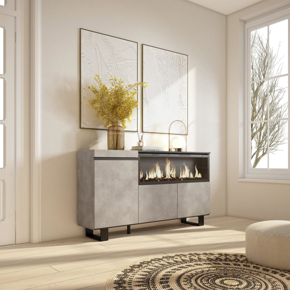 Skraut home Sideboard Holzeffekt Kamin mit Feuereffekt XXL 158x35x87cm Zementgrau style modern - Spanplatte