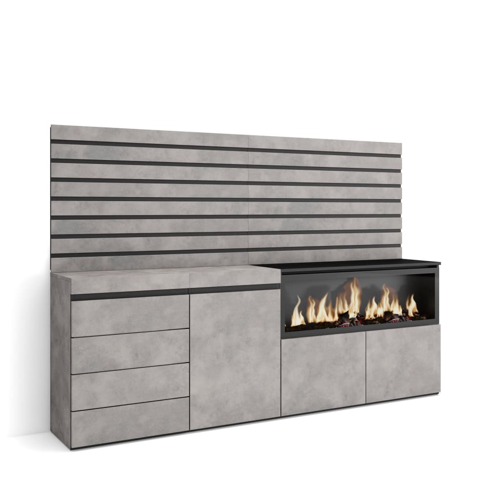 Buffet effet bois ciment 214x35x145cm cheminée effet feu XXL