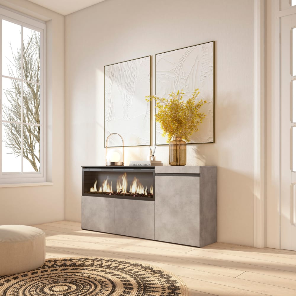 Skraut home Sideboard Holzeffekt Kamin mit Feuereffekt XXL 158x35x75cm Zementgrau style modern - Spanplatte