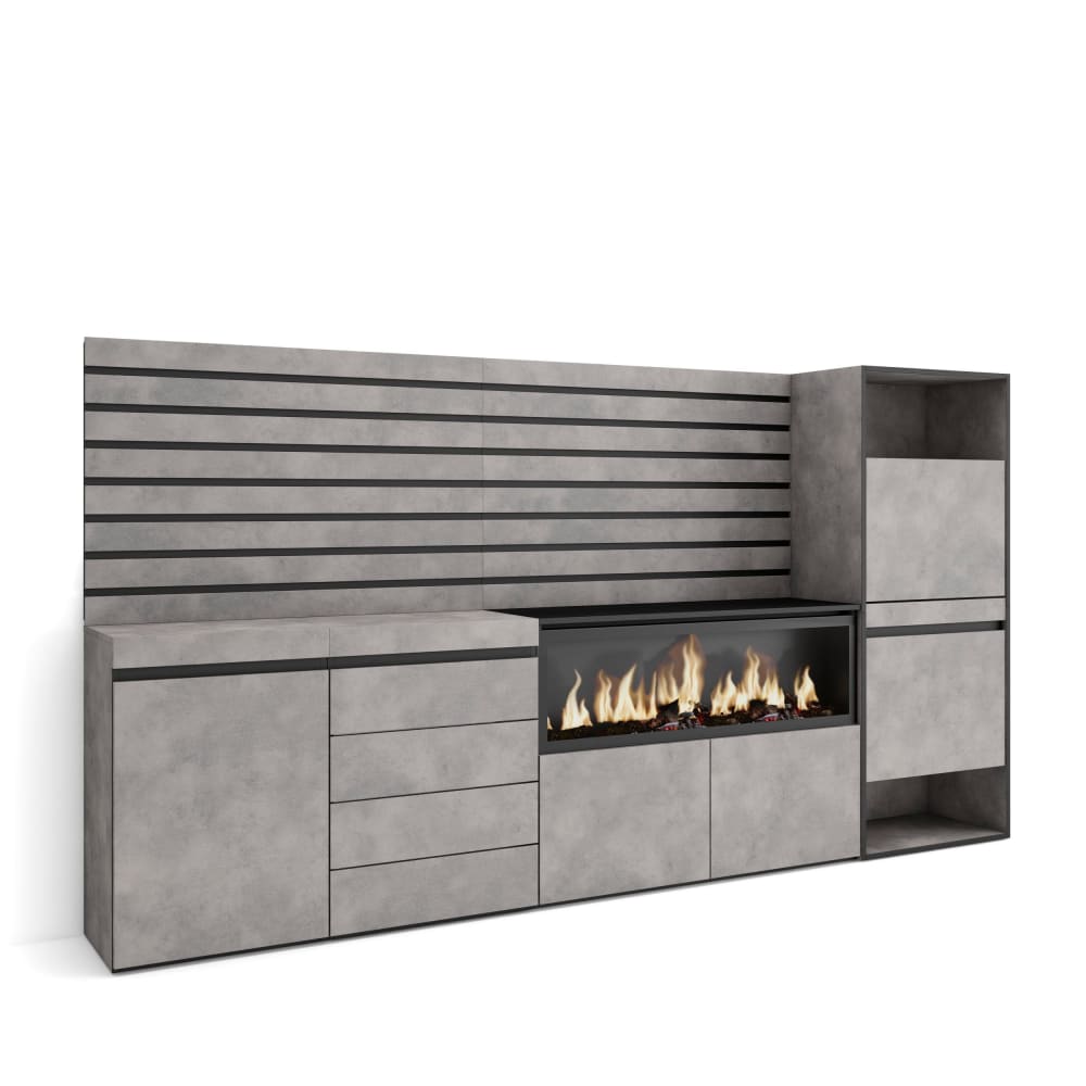 Buffet effet bois ciment 274x35x145cm cheminée effet feu XXL