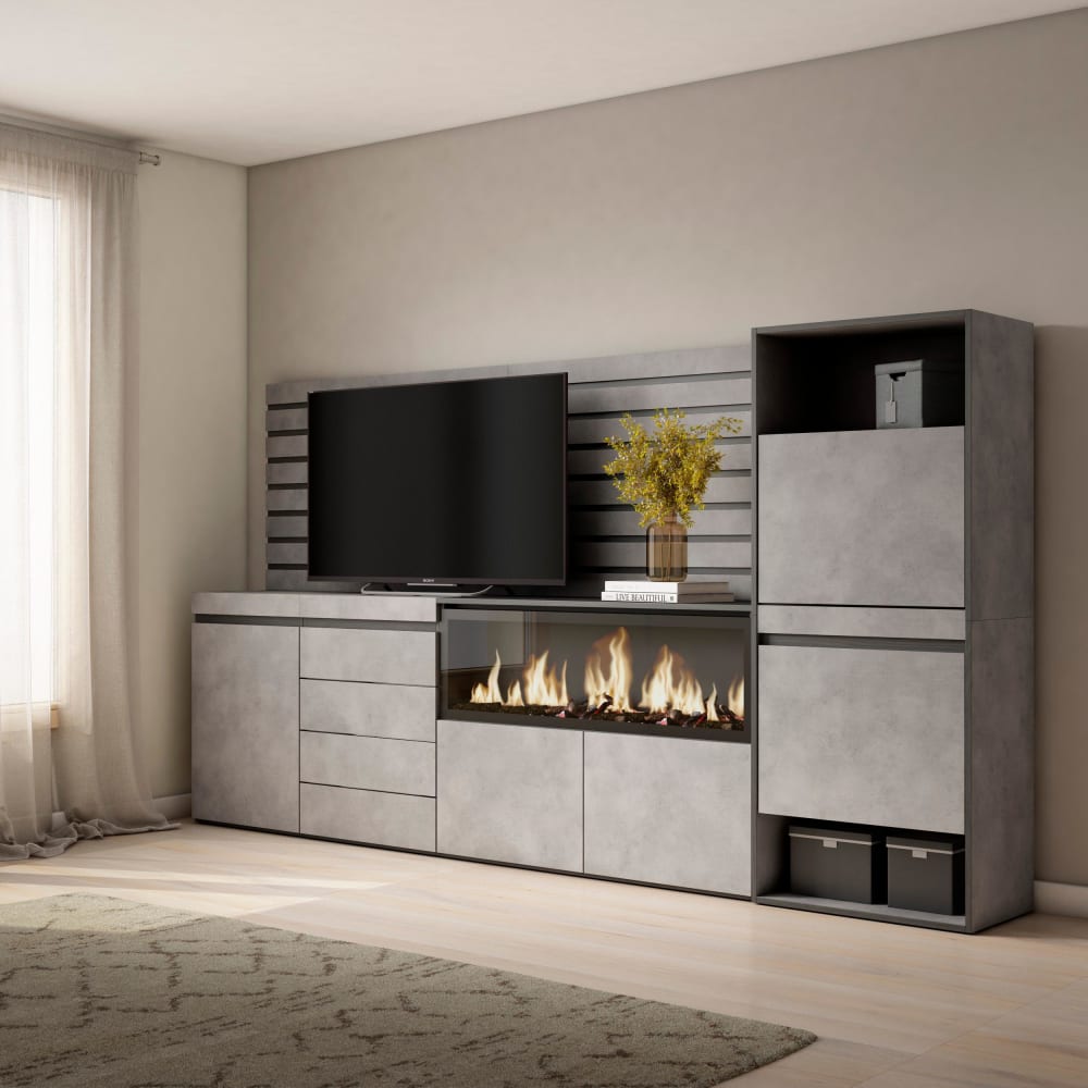 Skraut home Sideboard Holzeffekt Kamin mit Feuereffekt XXL 274x35x145cm Zementgrau style modern - Spanplatte