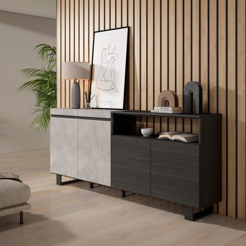 Skraut home Sideboard Holzeffekt mit Beinen 200x35x87cm Zementgrau style modern - Spanplatte