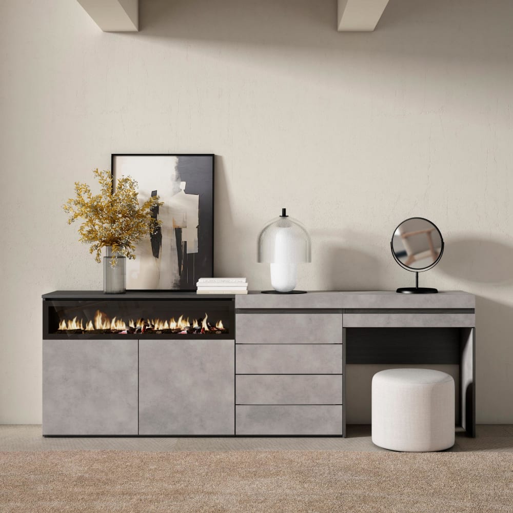 Skraut home Sideboard Holzeffekt Kamin mit Feuereffekt 227x35x75cm Zementgrau style modern - Spanplatte