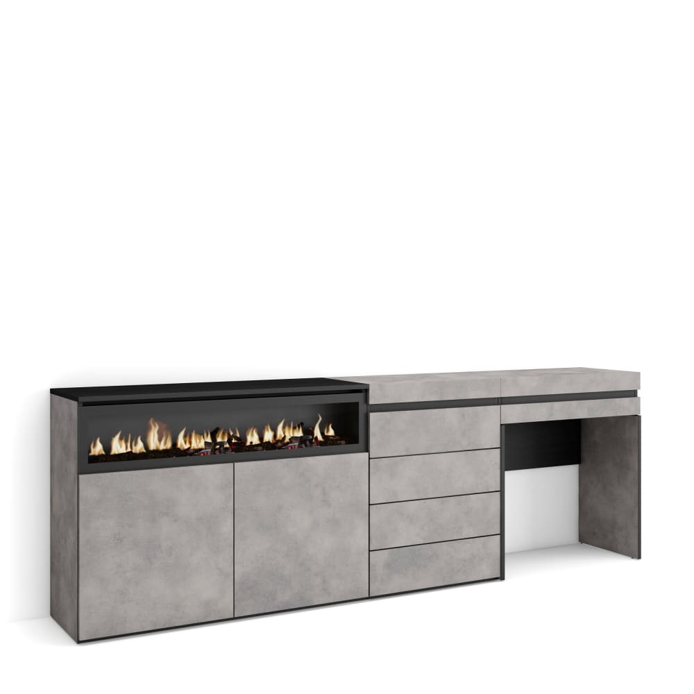 Sideboard Holzeffekt Kamin mit Feuereffekt 227x35x75cm Zementgrau