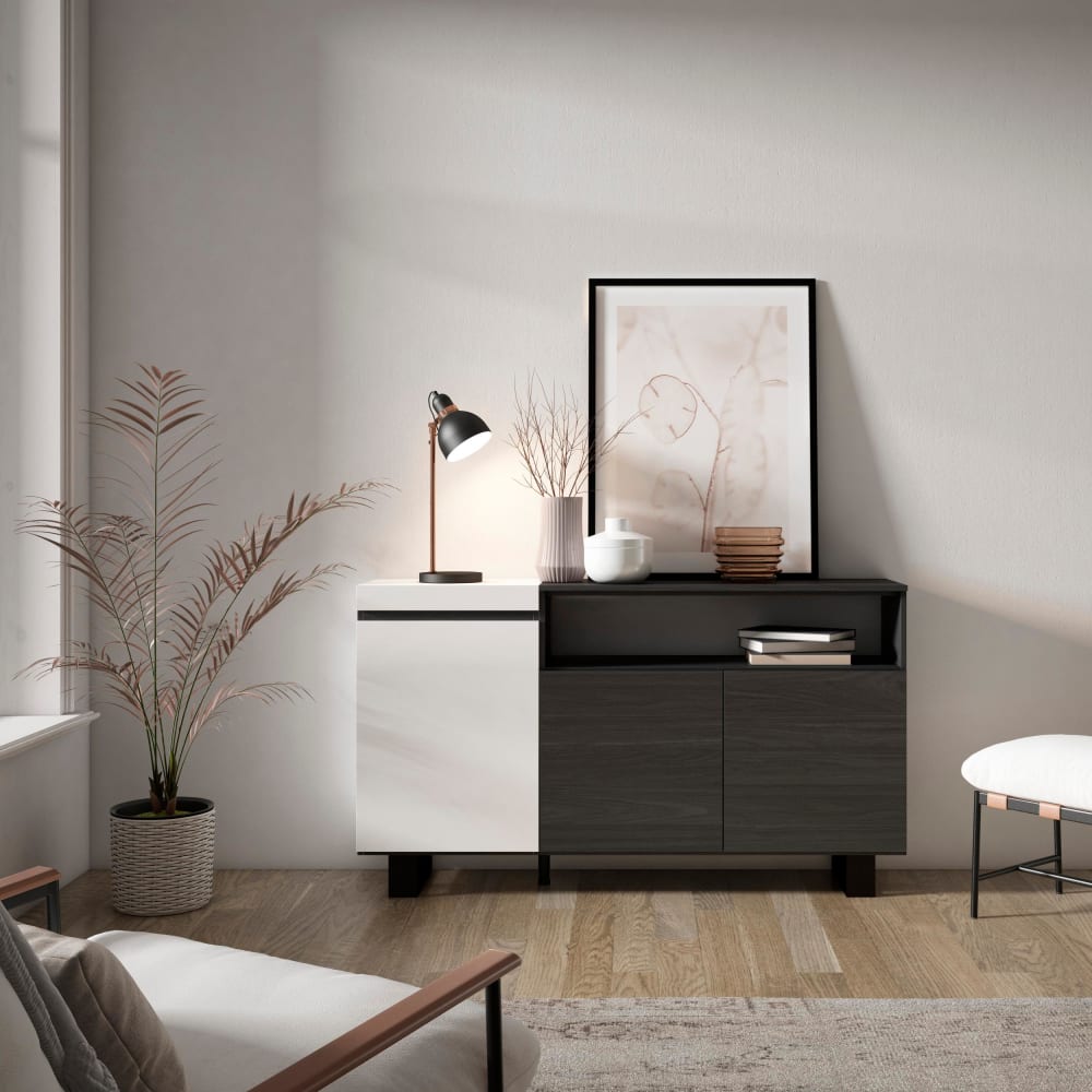 Skraut home Sideboard Holzeffekt mit Beinen 150x35x87cm Weiß und Schwarz style modern Weiß Spanplatte